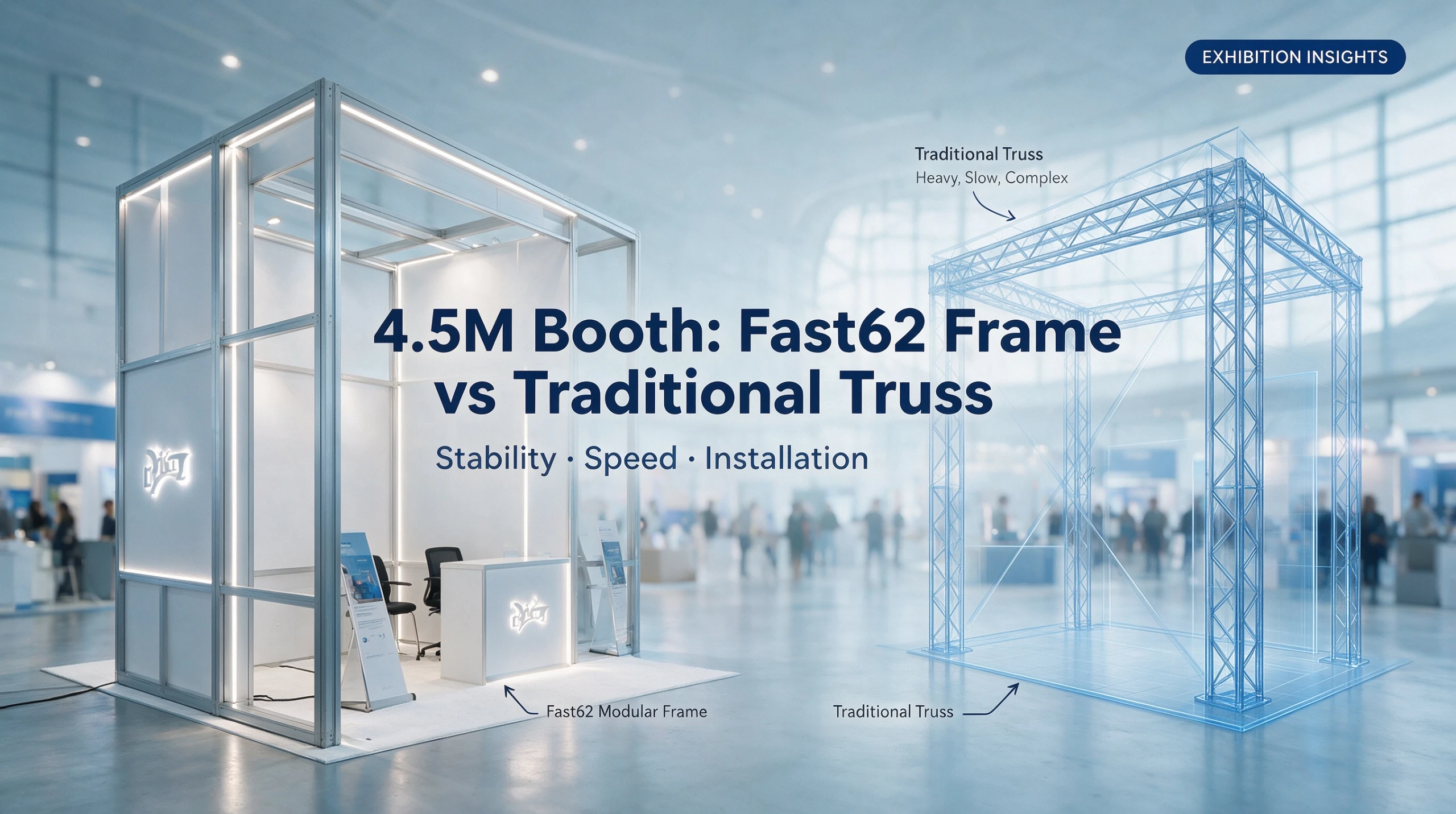 4.5-meter exhibition booth, Fast62 aluminum frame vs traditional truss: which is more stable? Which is faster?